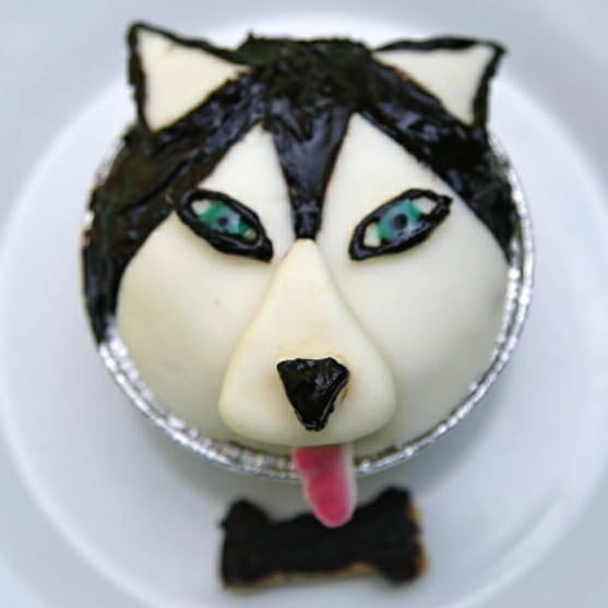 Dog Licks husky cupcake completed with fondant layers, chocolate substitute carob chocolate details and coloured blue eyes and a pink tongue and bow tie on white plate