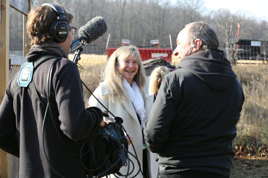 Behind the scenes- Susie, Bongo and Mike filming at National Service Dogs Canada