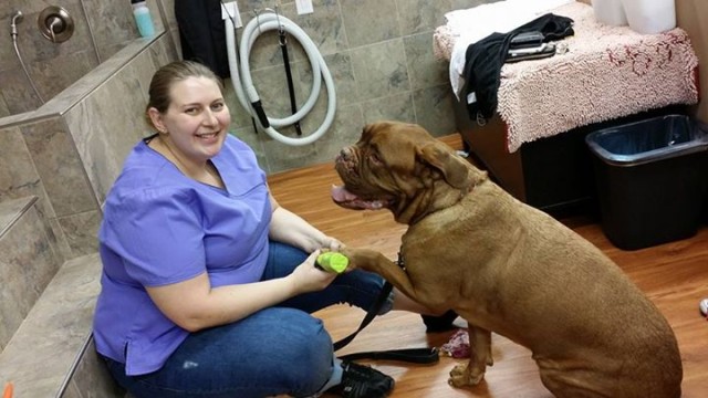 Sandra Gabriel and Yukki pose while trimming dogs nails