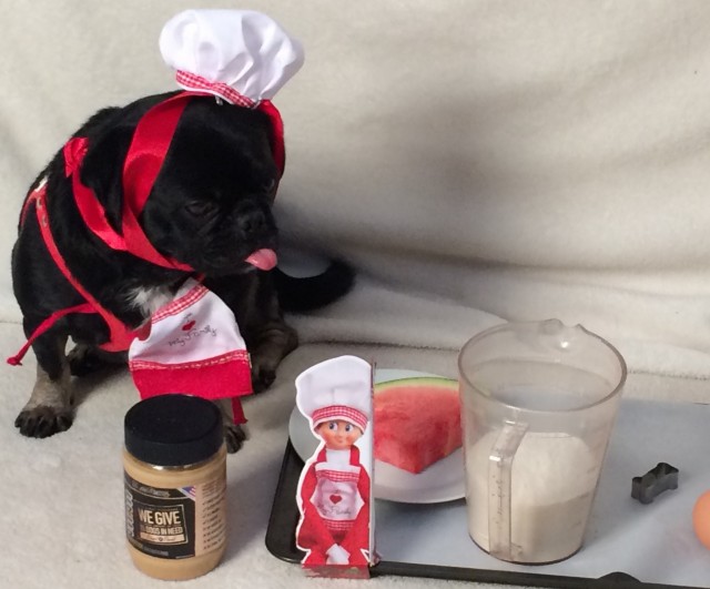Kilo pokes his tongue out at the Elf making cookies