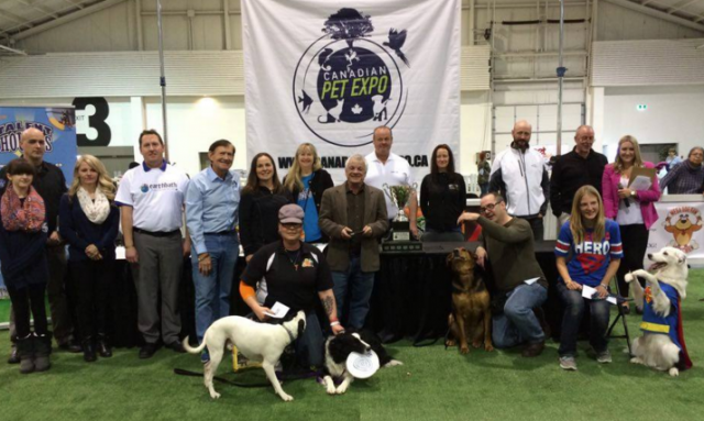 Judges and top three winners of the top dog trick show at CPE 2016