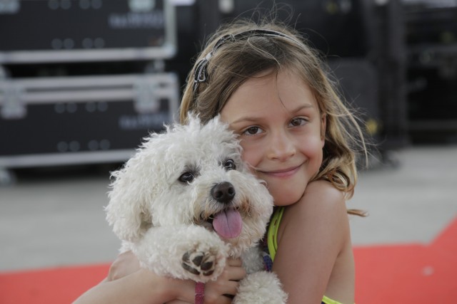 little girl and white dog