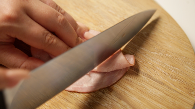 Cutting the ham for Sushi Pups - Dog Licks Recipe