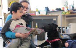 Little boy reading to Black COPE dog