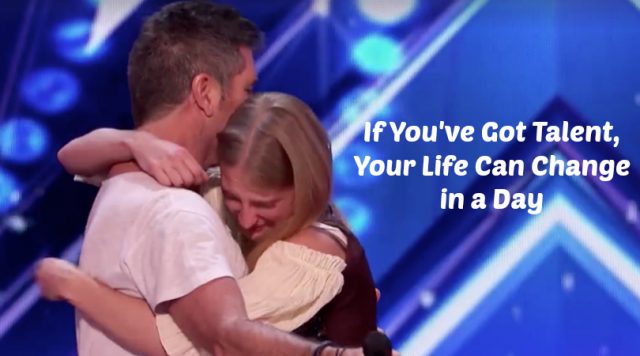 Sara Carson gets a hug from Simon Cowell after america's got talent