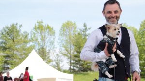 Winston the Mighty Morkie and his matching model at the Ruff Stitched Fashion Show at Woofstock