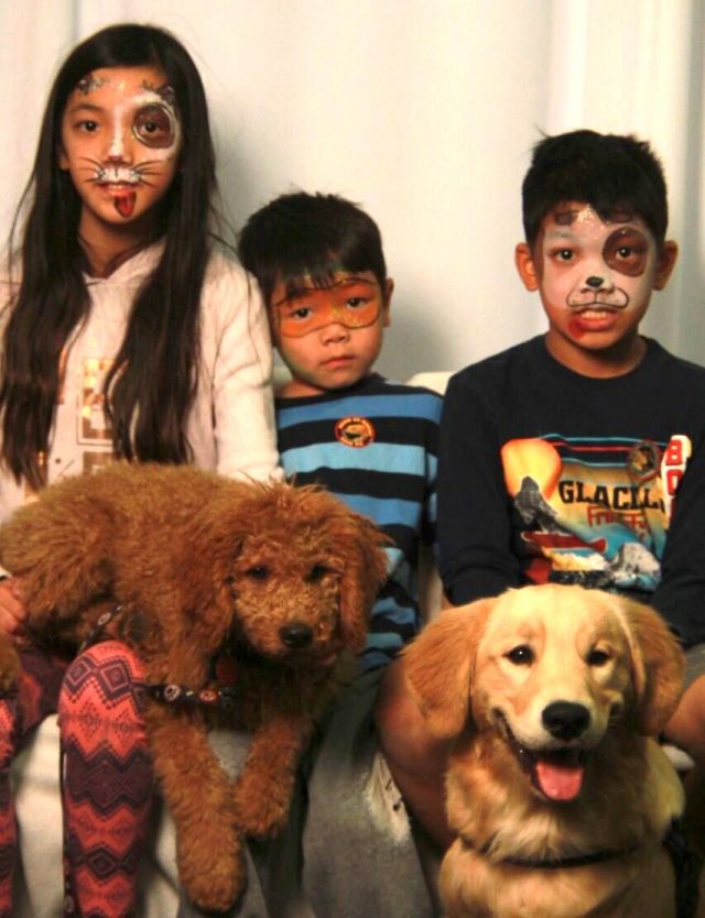 3 kids with faces painted and doodle and golden puppies
