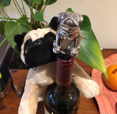 Pug or Bull Dog silver metal Wine Stopper and plush pug
