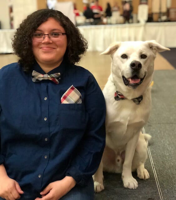 Gorgeous trick dog Icy in matching bow tie at Dog Lovers Days Bingemans fashion show