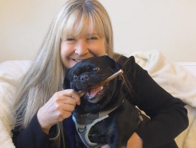 Susie and Kilo smiling with his Bullwrinkle Bully Stick