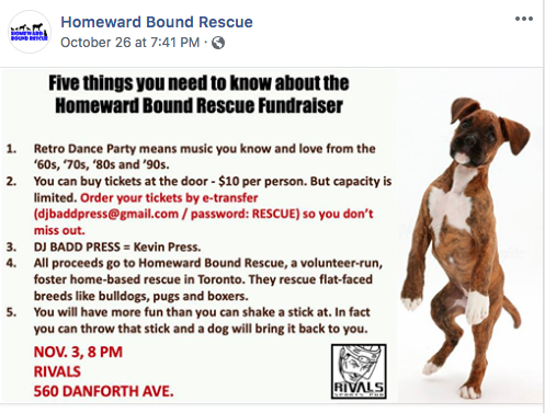 Information on Homeward Bound Rescue's Retro Dance Party Fundraiser